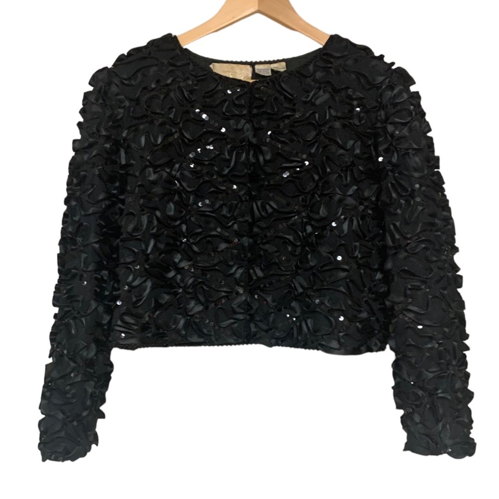 Vintage Black Satin Sequin cropped Lightweight Cardigan Jacket Cover Sweater